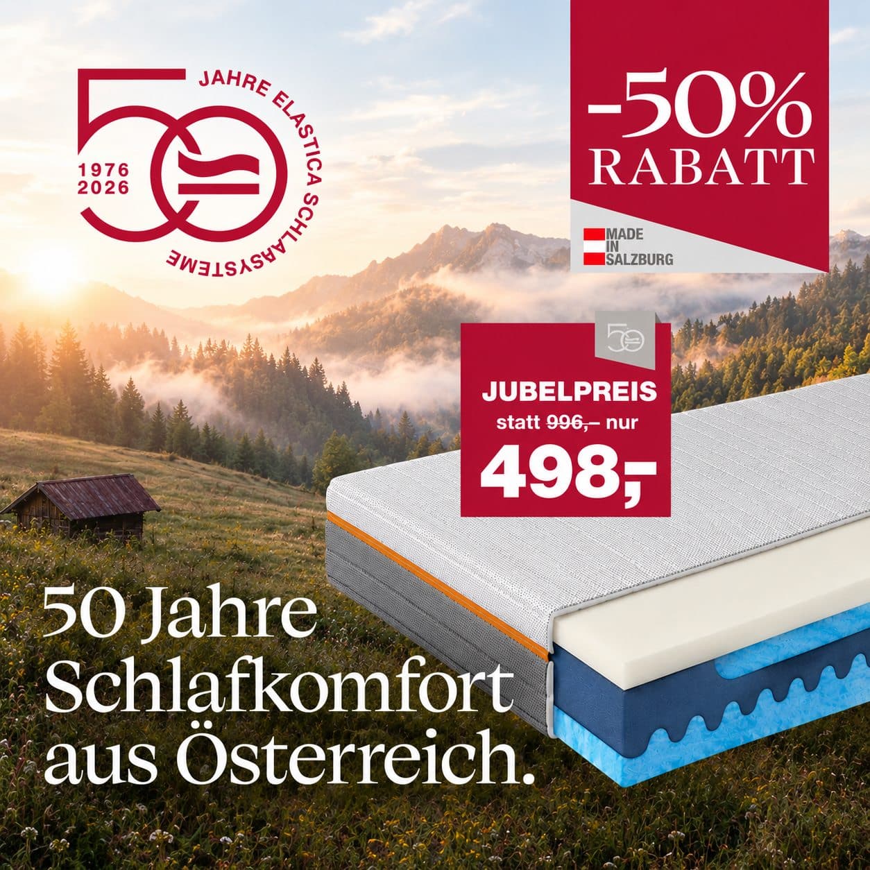 Elastica Herbstaktion 2026 – 50 Jahre Schlafkomfort aus Österreich Elastica Herbstaktion 2026: Jubiläumsmatratze elastica 50 um 498 Euro statt 996 Euro in Salzburg